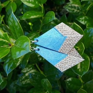 J.Monique/Handcrafted Geometric/Ice Blue/ Wood Earrings w/ Shimmer Bling Detail